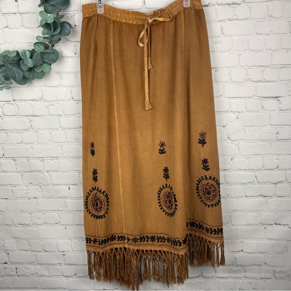 KRISHMA Made in India #81901 Mustard Embroidered Fringe Boho Skirt size OS